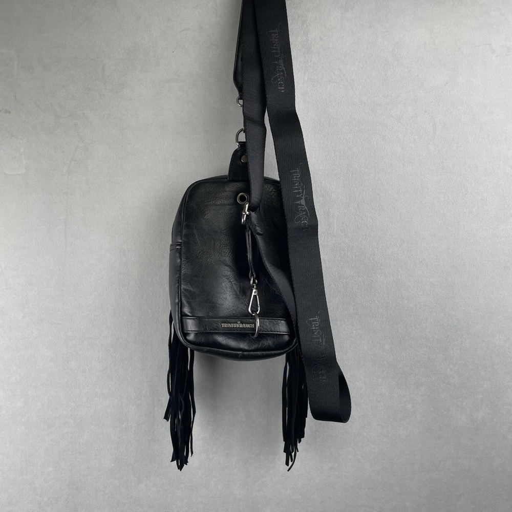 Trinity Ranch Black Leather Fringe Sling Bag Floral Embossed Hair Hide Crossbody - Picture 2 of 11